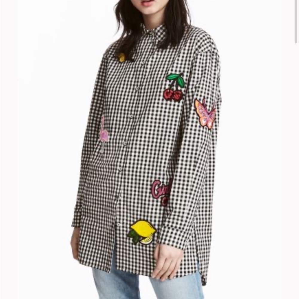 H&M Long sleeve gingham cotton shirt with embellished embroidered Size 4